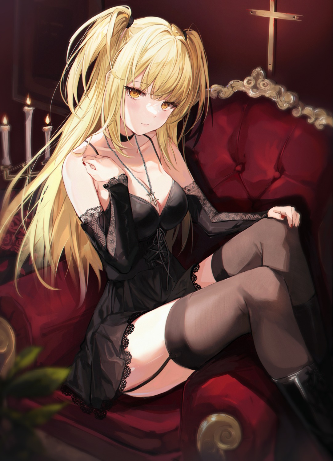 amane_misa death_note dress hum_(ten_ten) no_bra see_through skirt_lift stockings thighhighs