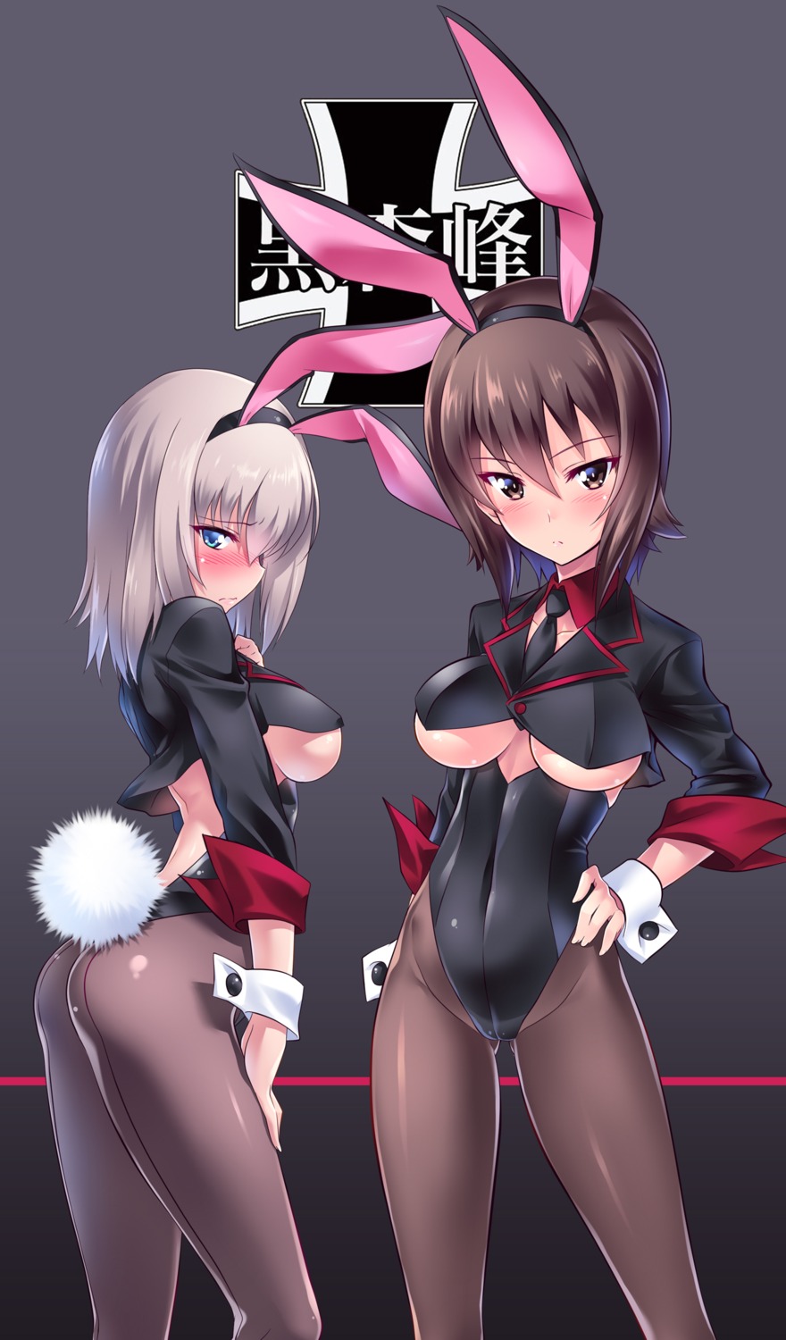 animal_ears ass bunny_ears bunny_girl girls_und_panzer itsumi_erika kuzuryuu_kennosuke nishizumi_maho no_bra pantyhose tail underboob