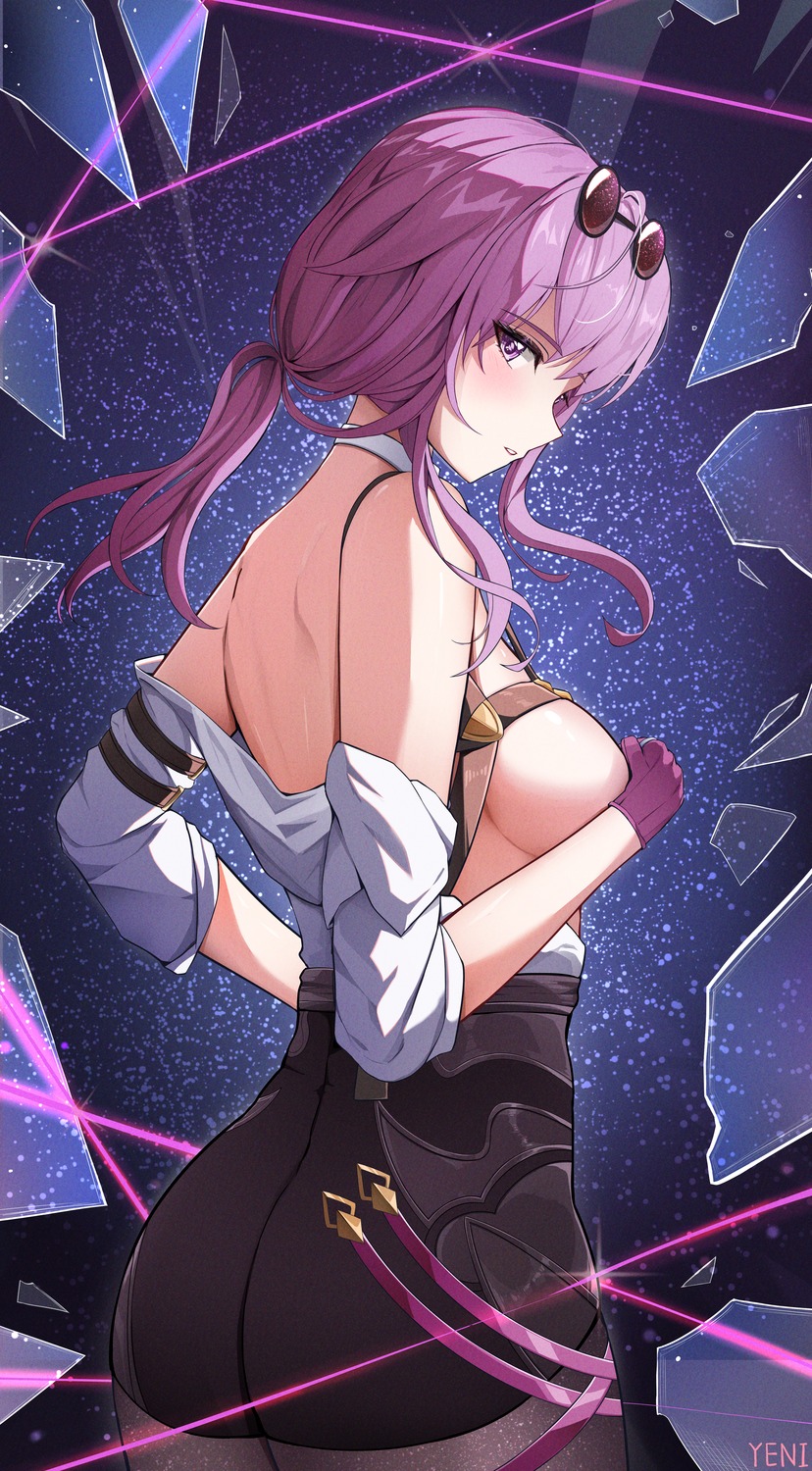 ass breast_hold breasts honkai:_star_rail kafka_(honkai:_star_rail) megane no_bra open_shirt pantyhose yeni