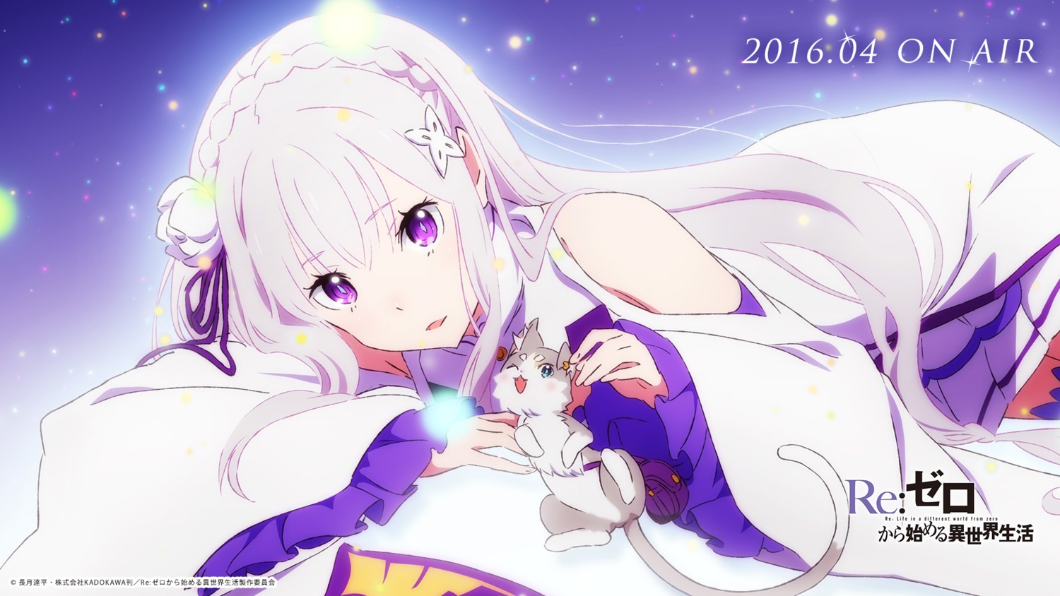 elf emilia_(re_zero) neko pack_(re_zero) pointy_ears re_zero_kara_hajimeru_isekai_seikatsu sakai_kyuuta wallpaper