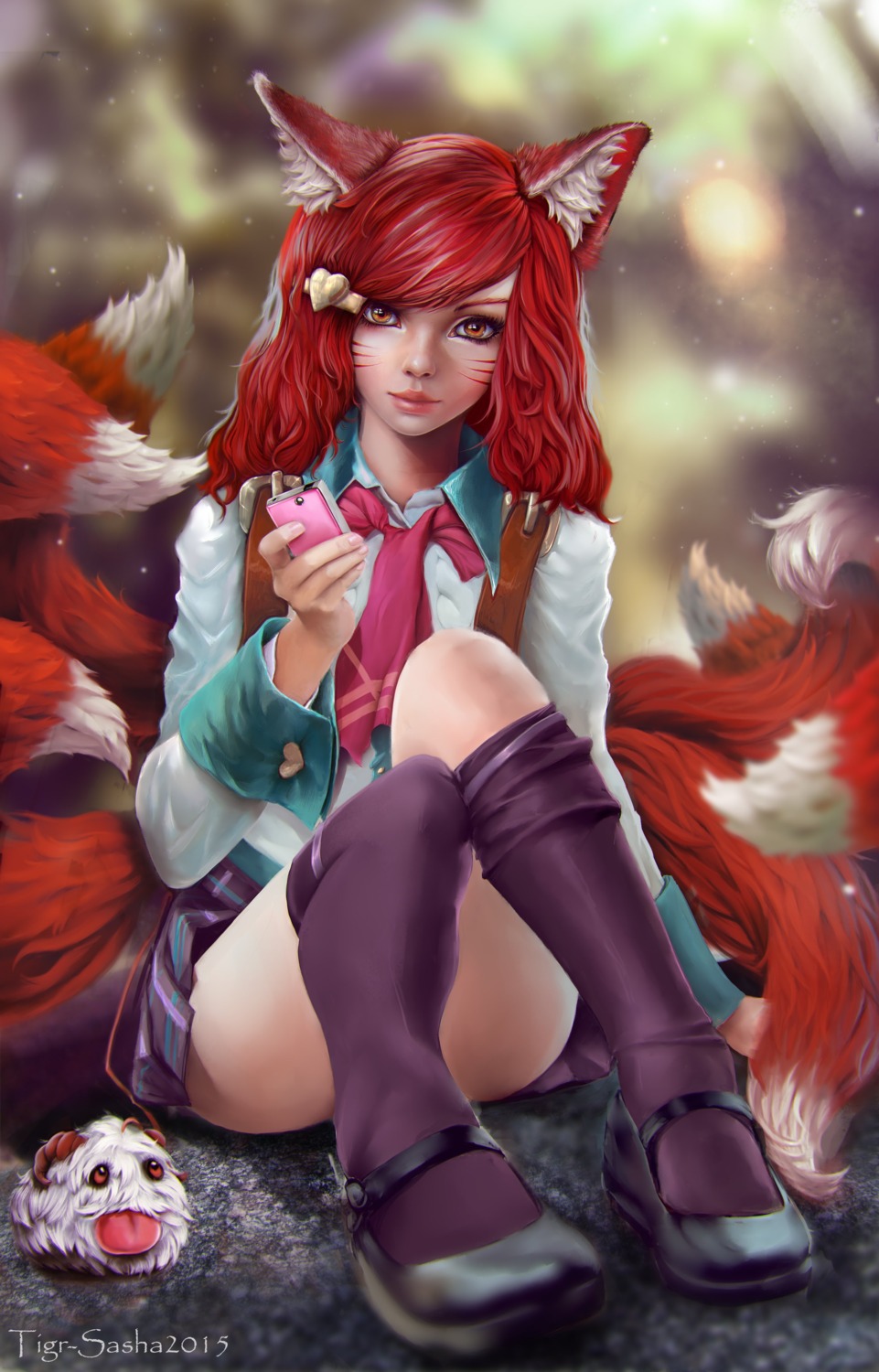 ahri animal_ears kitsune league_of_legends seifuku skirt_lift tail thighhighs tigrsasha