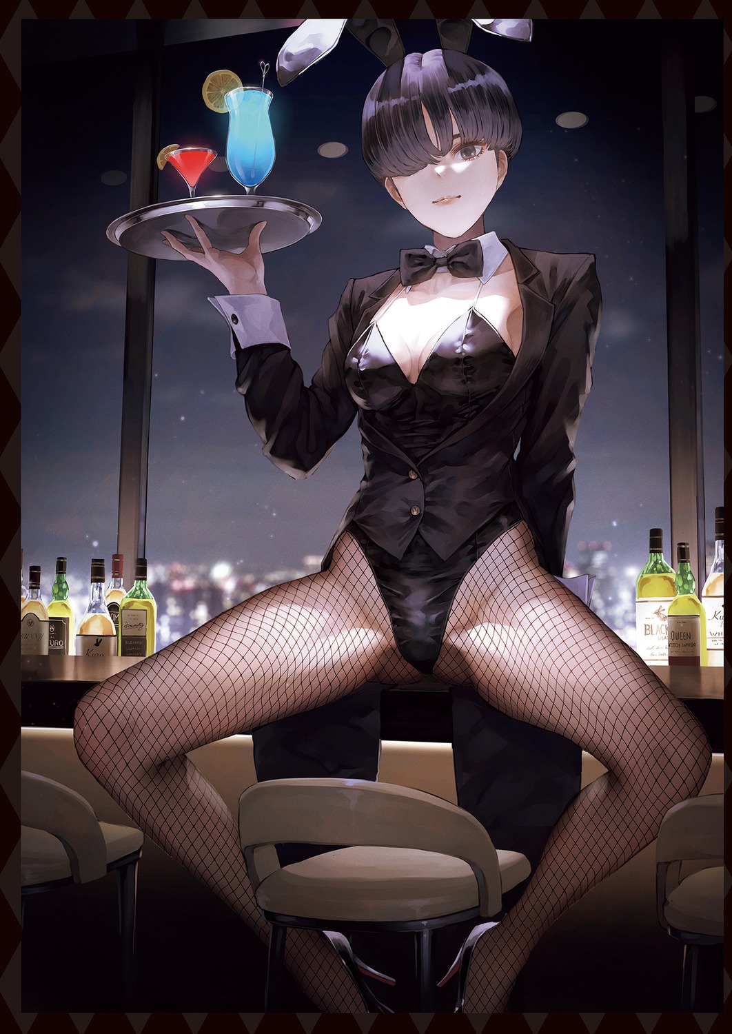 animal_ears bunny_ears bunny_girl fishnets heels kaoming no_bra open_shirt pantyhose