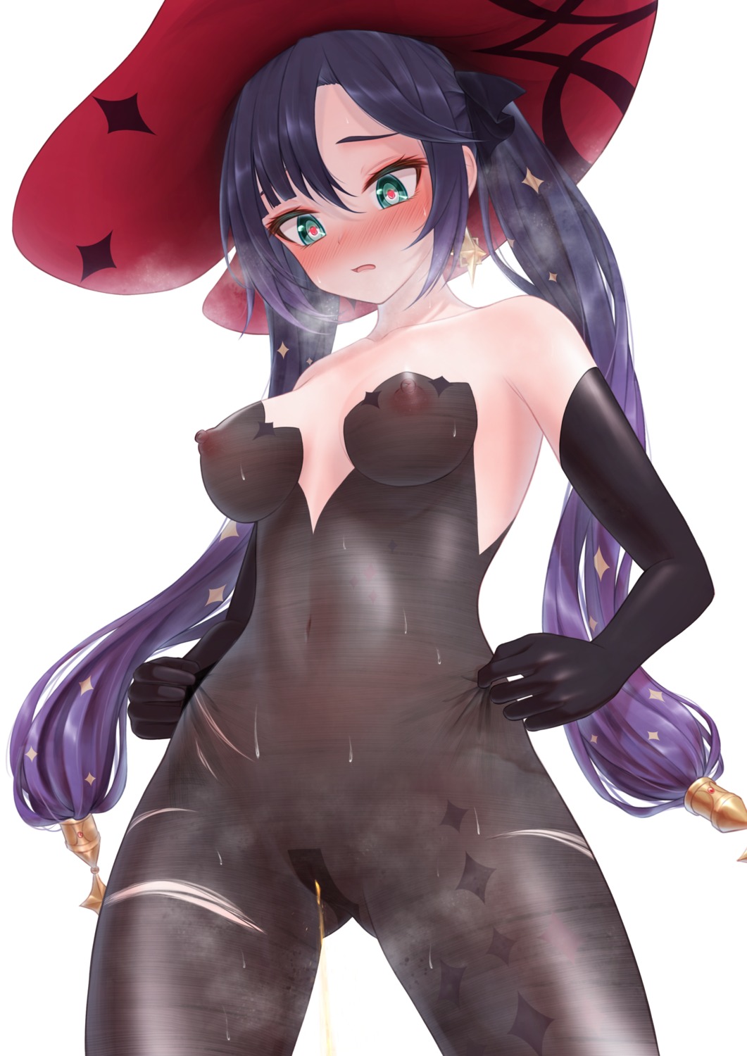 bae.c genshin_impact mona_megistus nipples pantyhose pee pussy torn_clothes witch