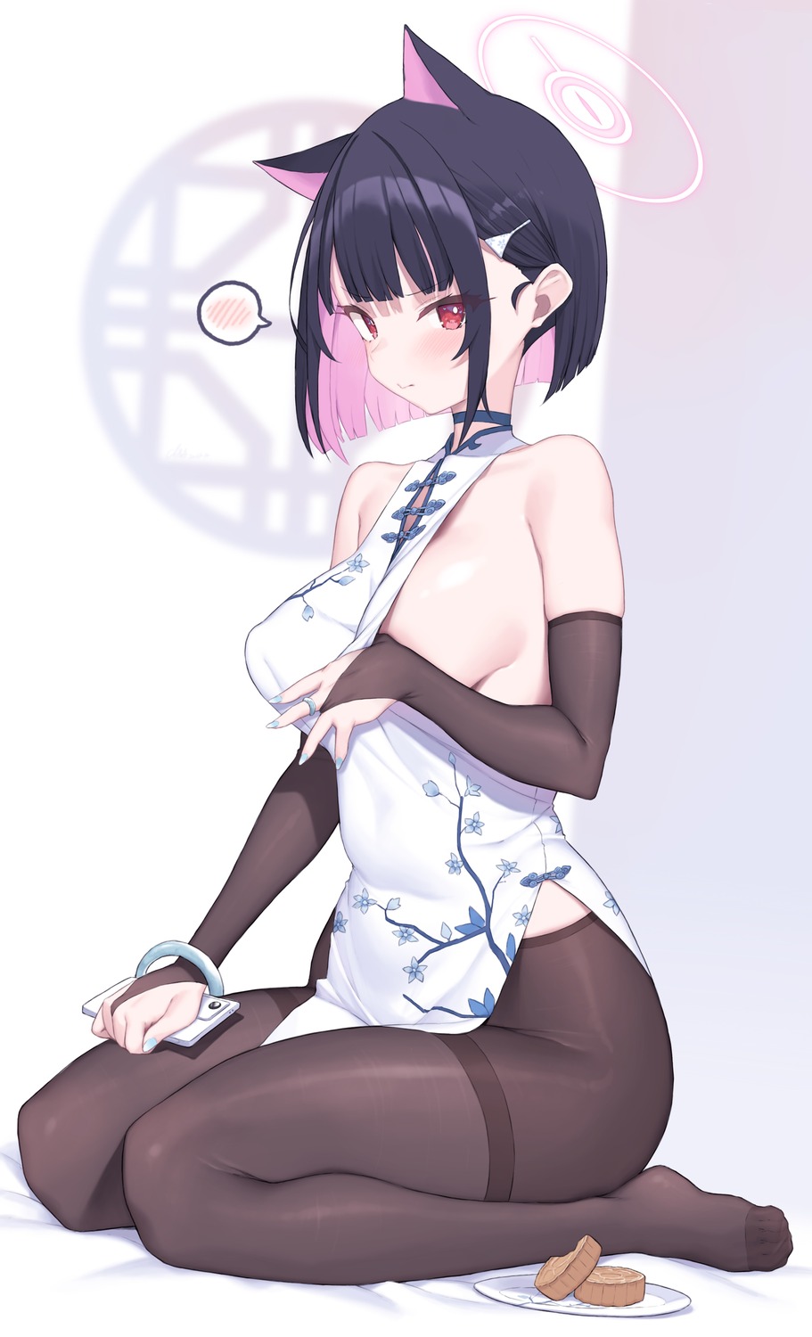 animal_ears blue_archive chinadress cloba halo kyouyama_kazusa nekomimi no_bra pantyhose