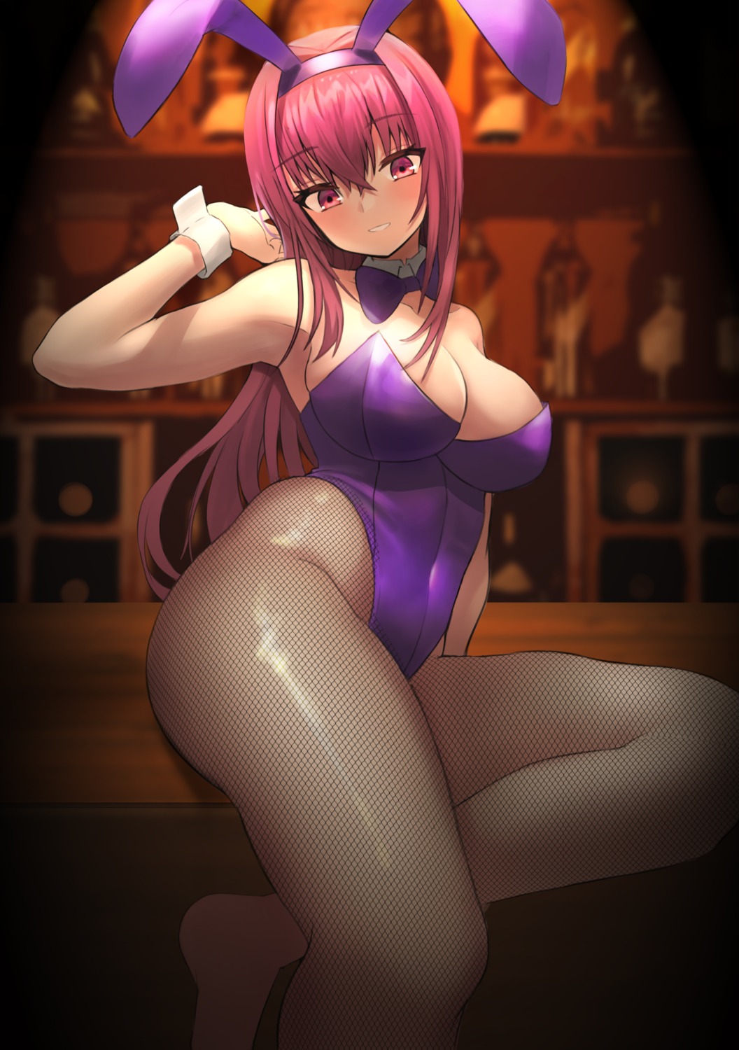animal_ears bunny_ears bunny_girl fate/grand_order fishnets no_bra onedoo pantyhose scathach_(fate/grand_order)