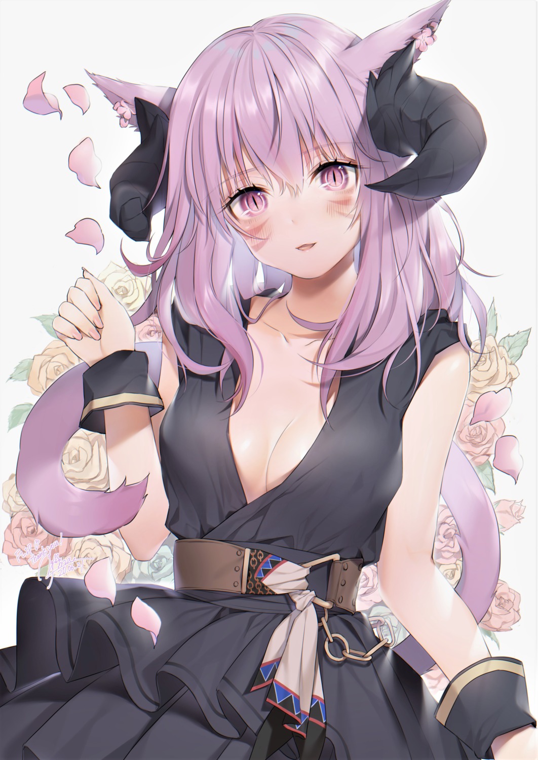 animal_ears cleavage dress final_fantasy final_fantasy_xiv horns miqo'te nekomimi no_bra tail yana_mori