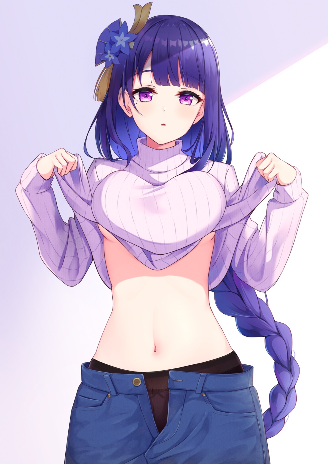 genshin_impact miso_(misomiso_154) no_bra pantsu raiden_shogun shirt_lift sweater undressing