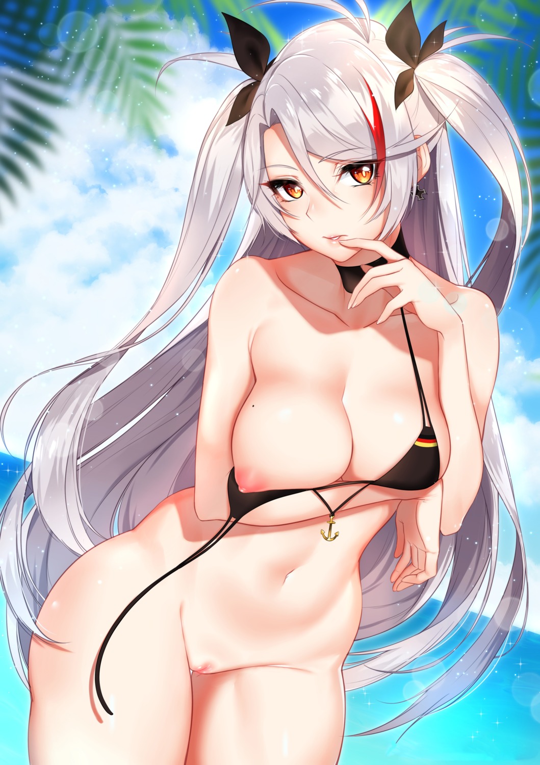 azur_lane bikini_top bottomless breast_hold breasts nipples prinz_eugen_(azur_lane) pussy swimsuits tofuubear uncensored wardrobe_malfunction