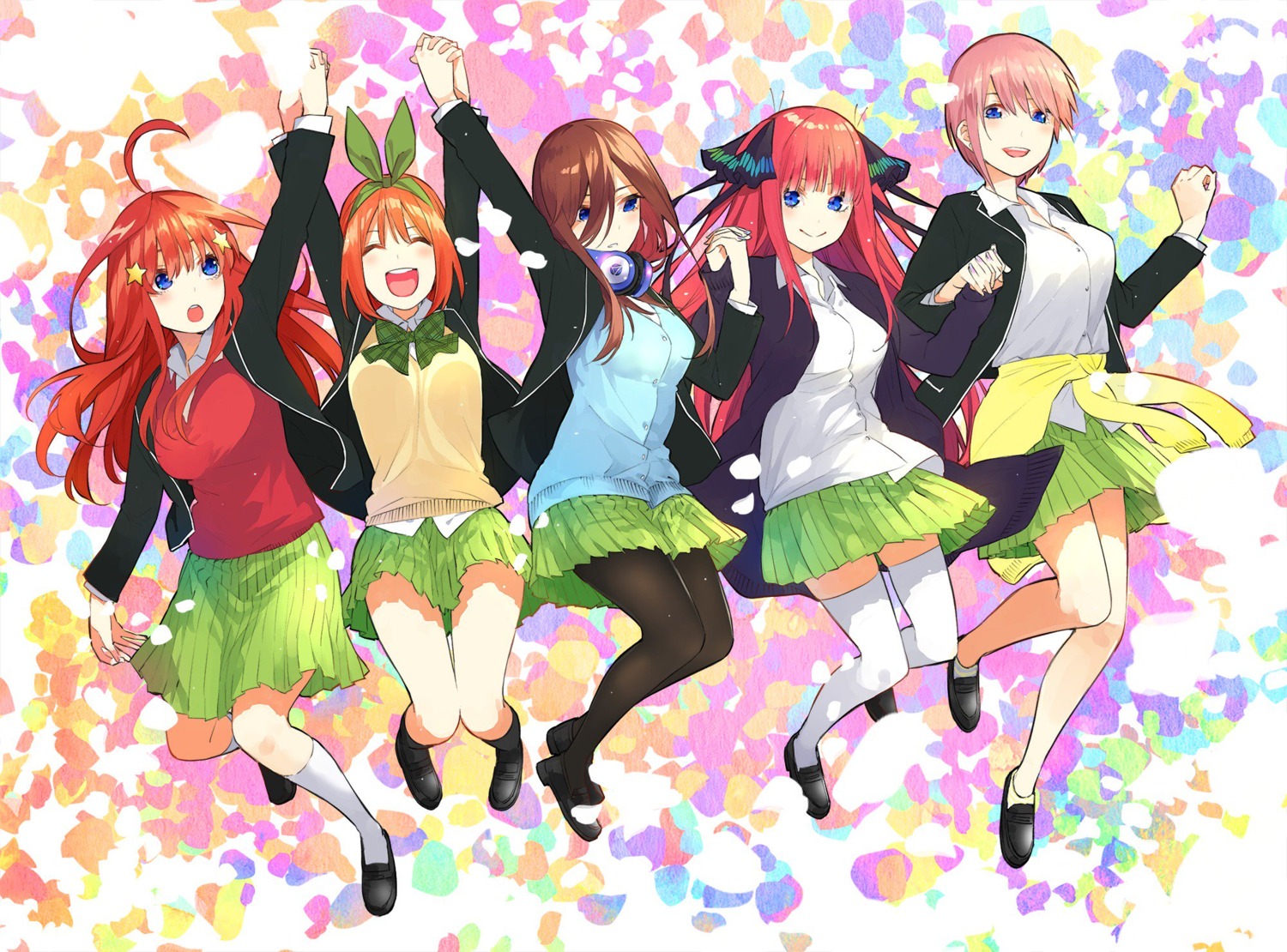 5-toubun_no_hanayome haruba_negi headphones nakano_ichika nakano_itsuki nakano_miku nakano_nino nakano_yotsuba pantyhose seifuku sweater thighhighs