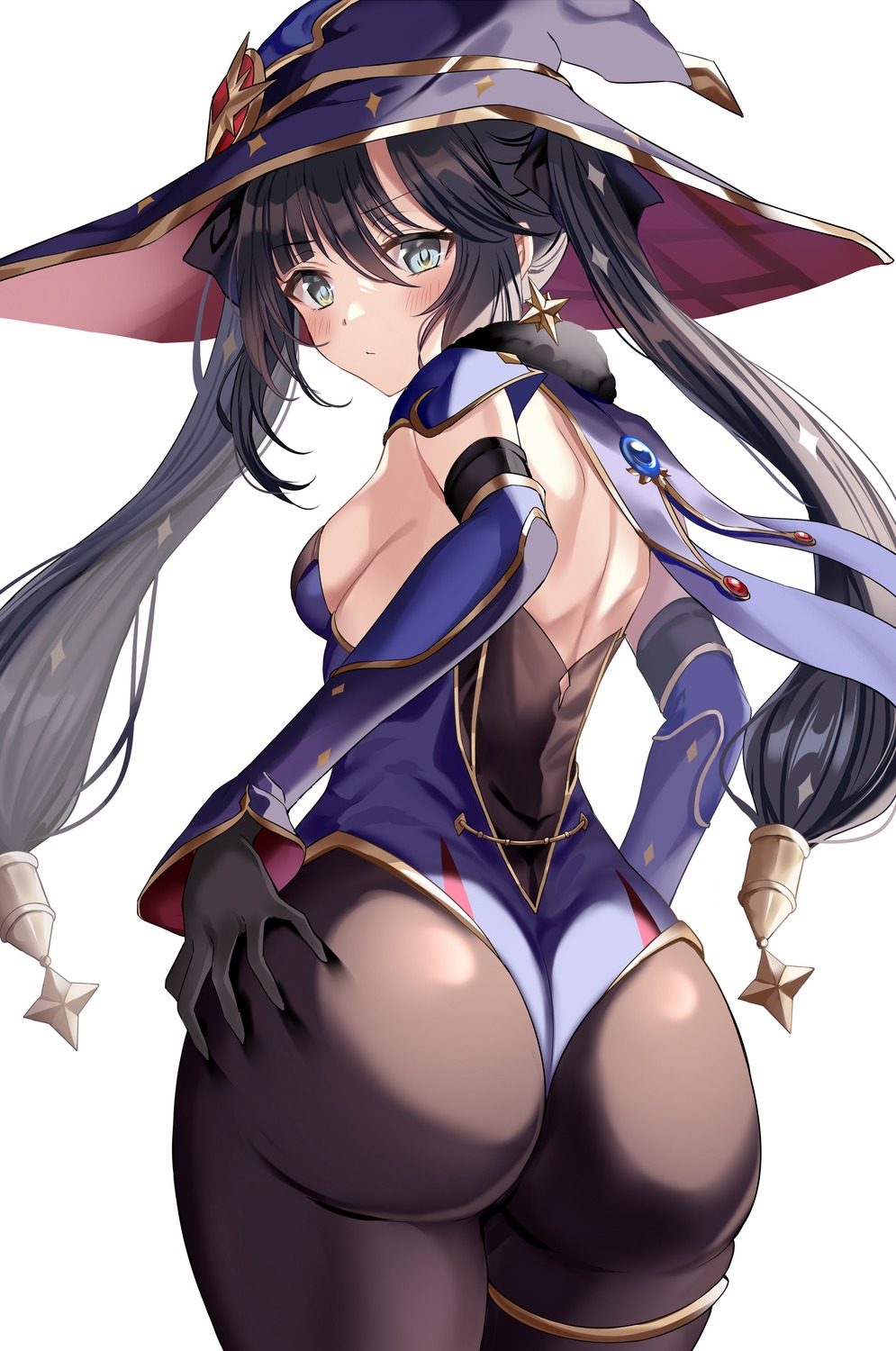 ass garter genshin_impact harimoji leotard mona_megistus no_bra pantyhose witch