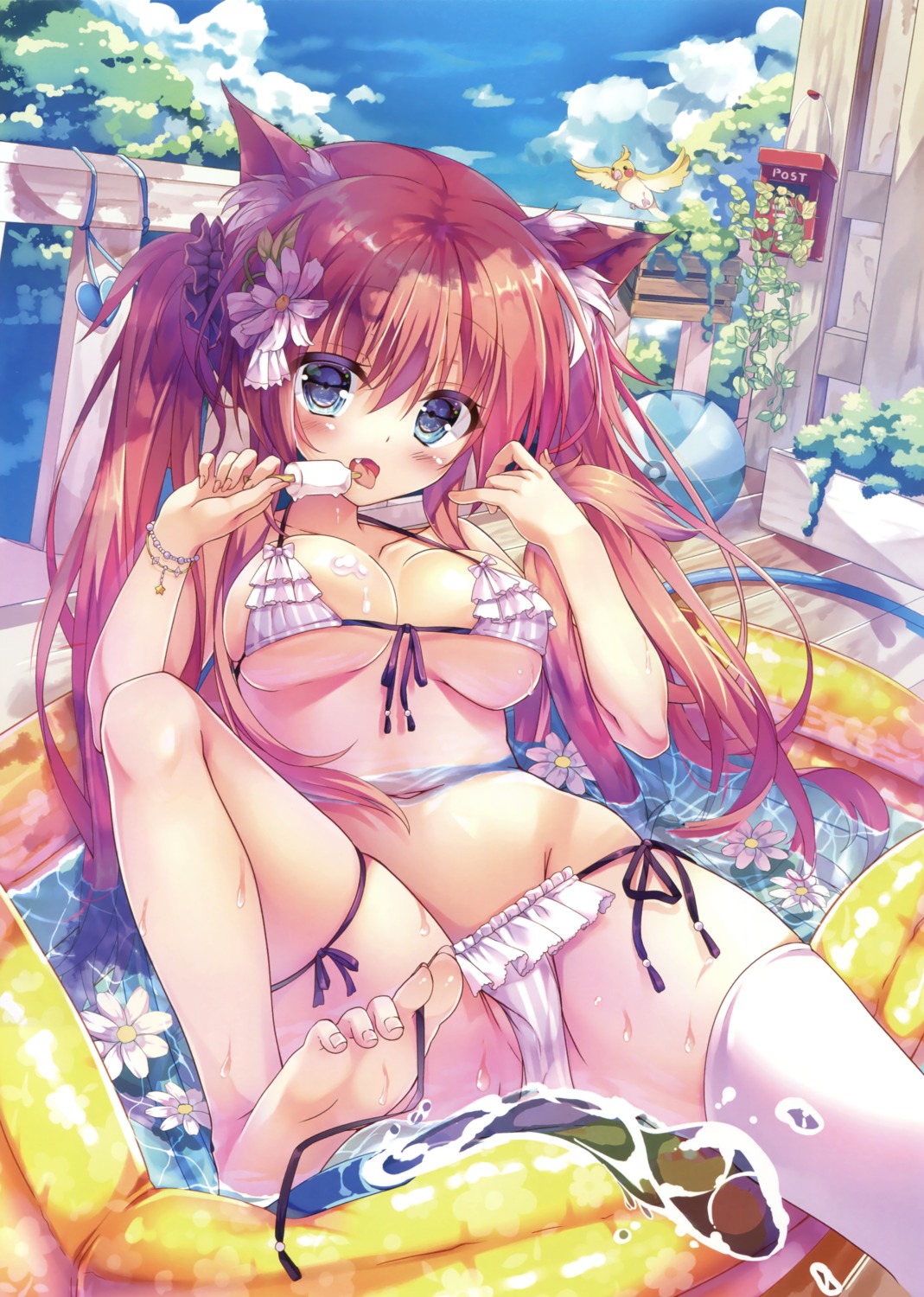 animal_ears bikini cream feet kinokomushi panty_pull swimsuits thighhighs undressing wet