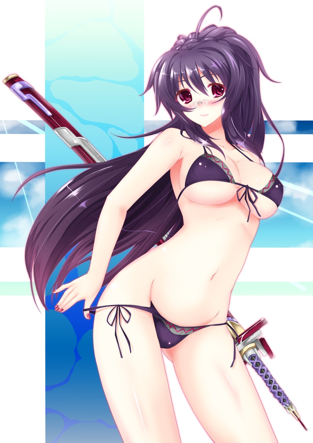 bikini cleavage erect_nipples hisen_kaede megane swimsuits sword underboob