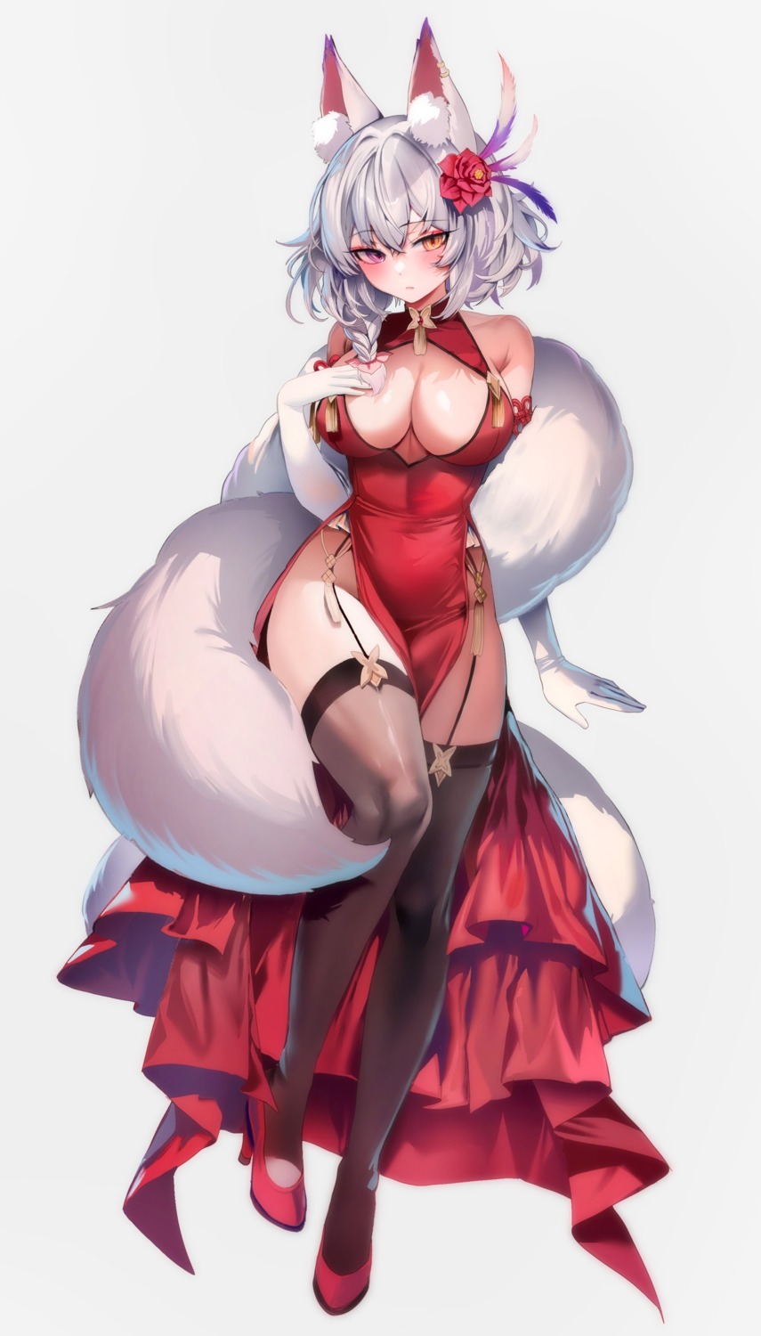 animal_ears chinadress heels heterochromia kitsune no_bra nopan stockings tail thighhighs zerocat