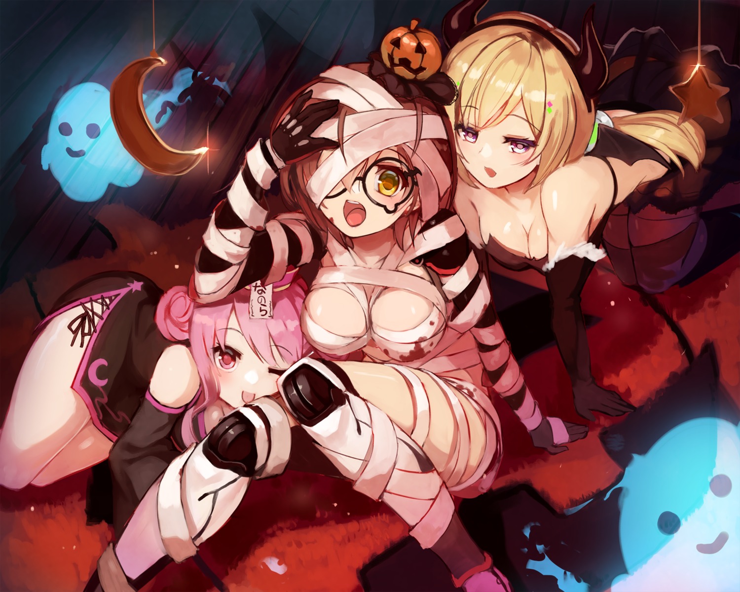 aki_rosenthal chinadress halloween himemori_luna hololive horns mecha_musume megane naked_ribbon no_bra pantyhose roboco-san sue_(bg-bros) wings