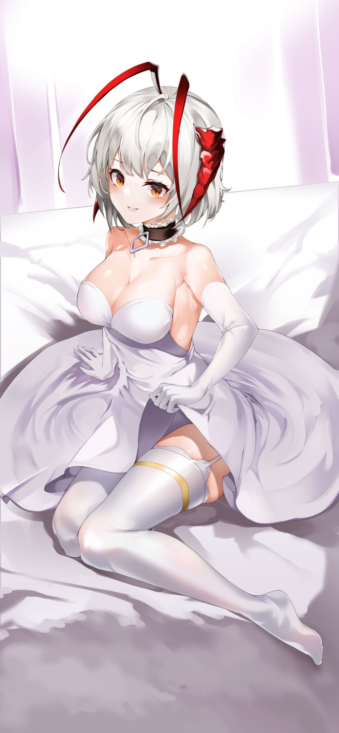arknights cleavage dress horns nevin_(flyskying) no_bra skirt_lift stockings thighhighs w_(arknights) wedding_dress