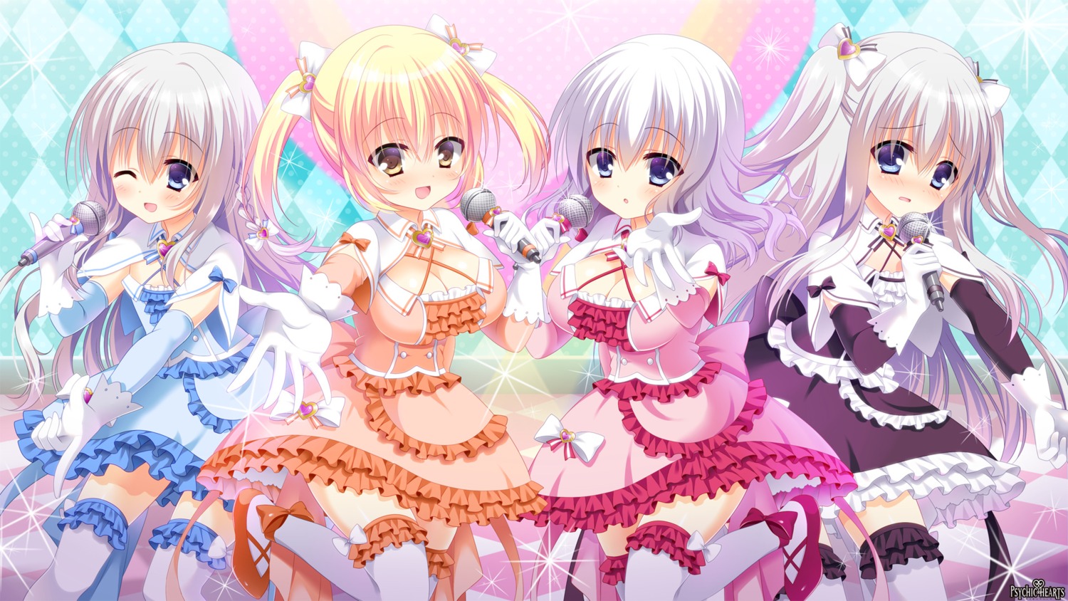 amahara_kyouka cleavage dress psychic_hearts shiki_saika shirausu_sanae sumeragi_reona thighhighs wallpaper yuyumatsu