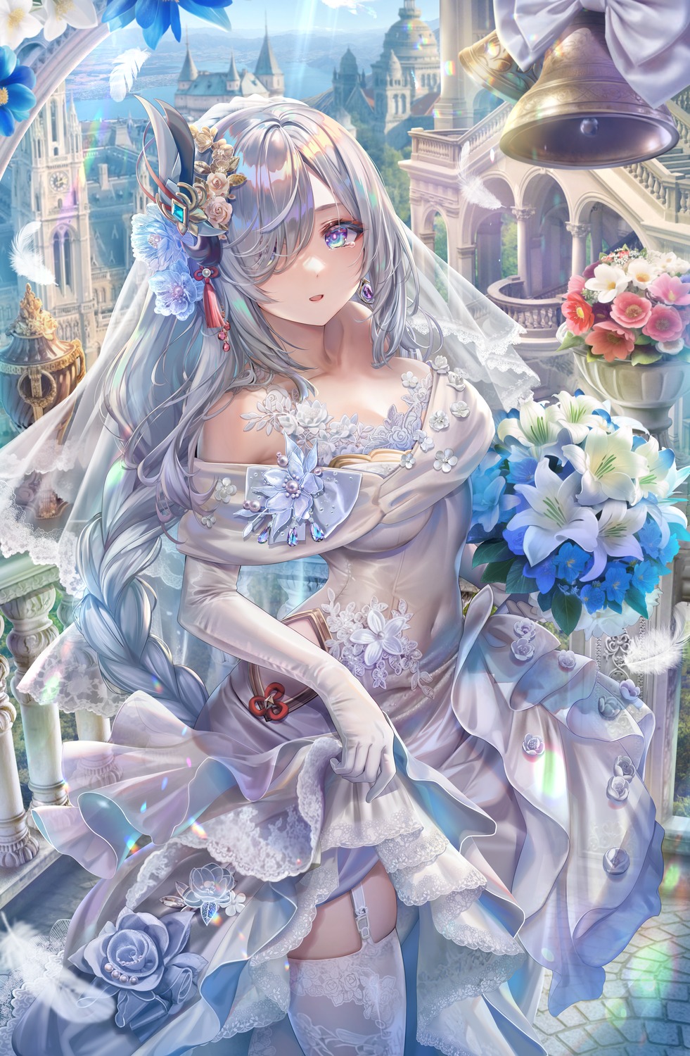 cleavage dress genshin_impact no_bra see_through shenhe skirt_lift stockings thighhighs torino_akua wedding_dress