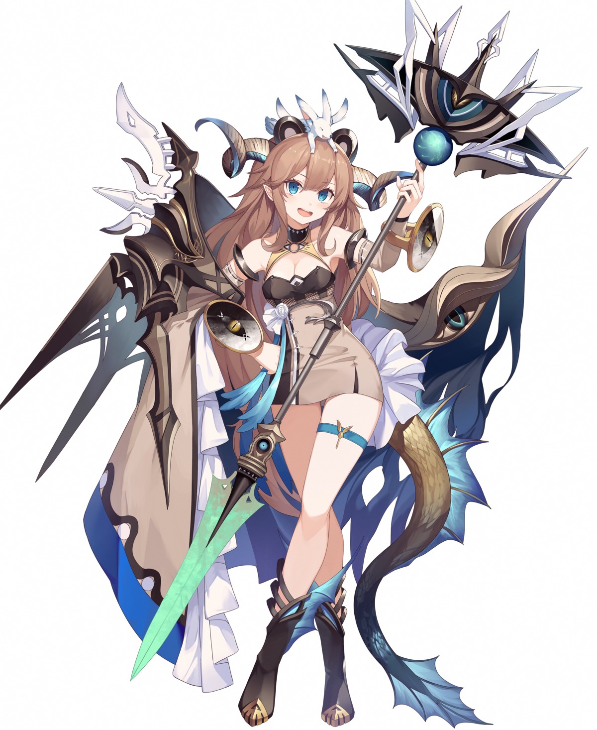 animal_ears armor cleavage eruthika garter horns pointy_ears tail weapon