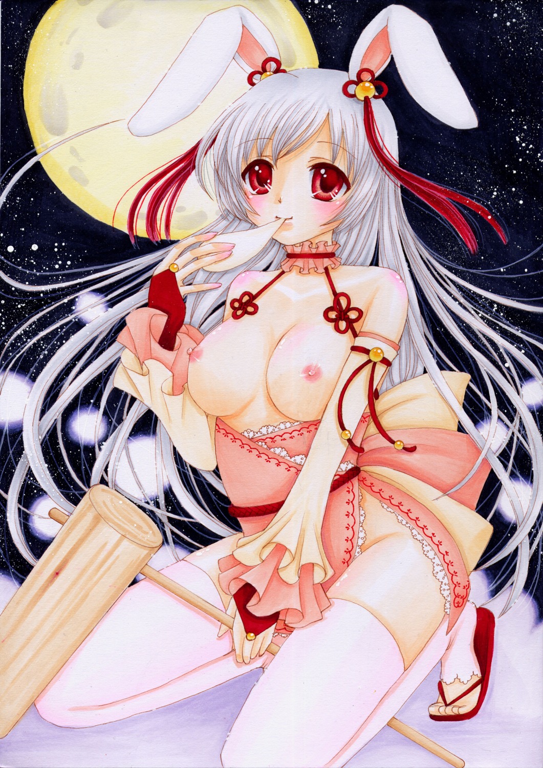 animal_ears breasts bunny_ears miyu_kichi nipples no_bra nopan paper_texture thighhighs