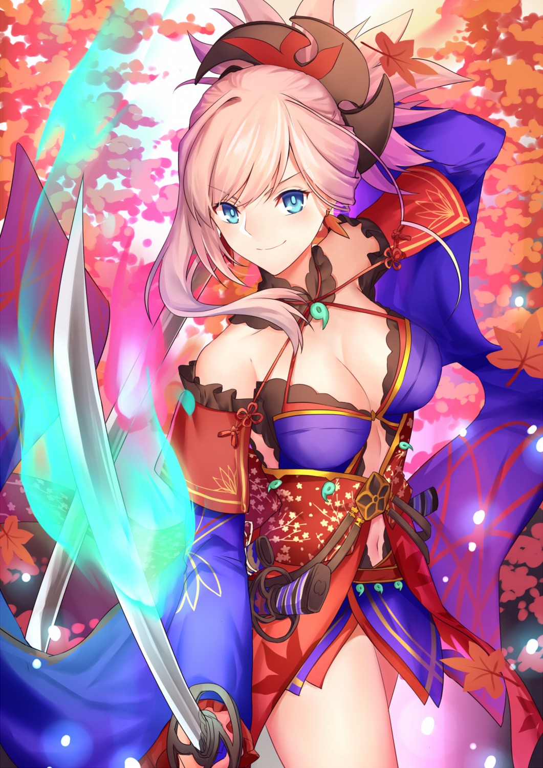 cleavage fate/grand_order gogatsu_fukuin japanese_clothes miyamoto_musashi_(fate/grand_order) sword