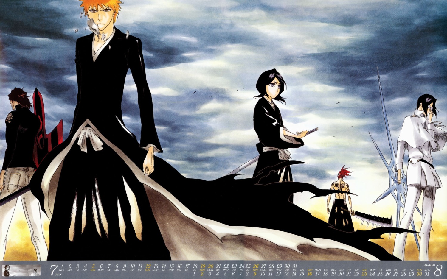 abarai_renji bleach calendar kubo_tite kuchiki_rukia kurosaki_ichigo uryuu_ishida watercolor yasutora_sado