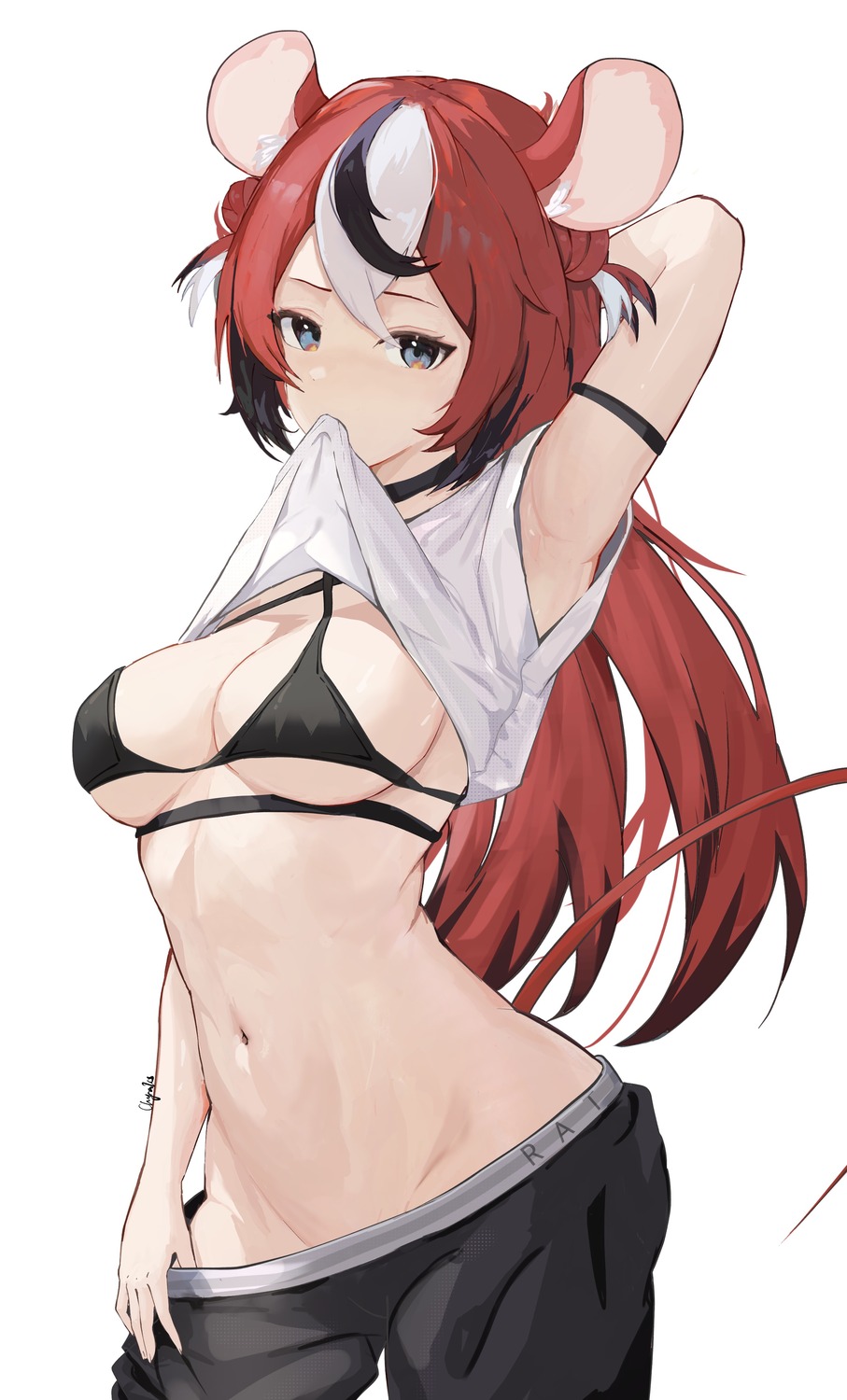 animal_ears bikini_top chyraliss hakos_baelz hololive hololive_english nopan shirt_lift swimsuits tail undressing