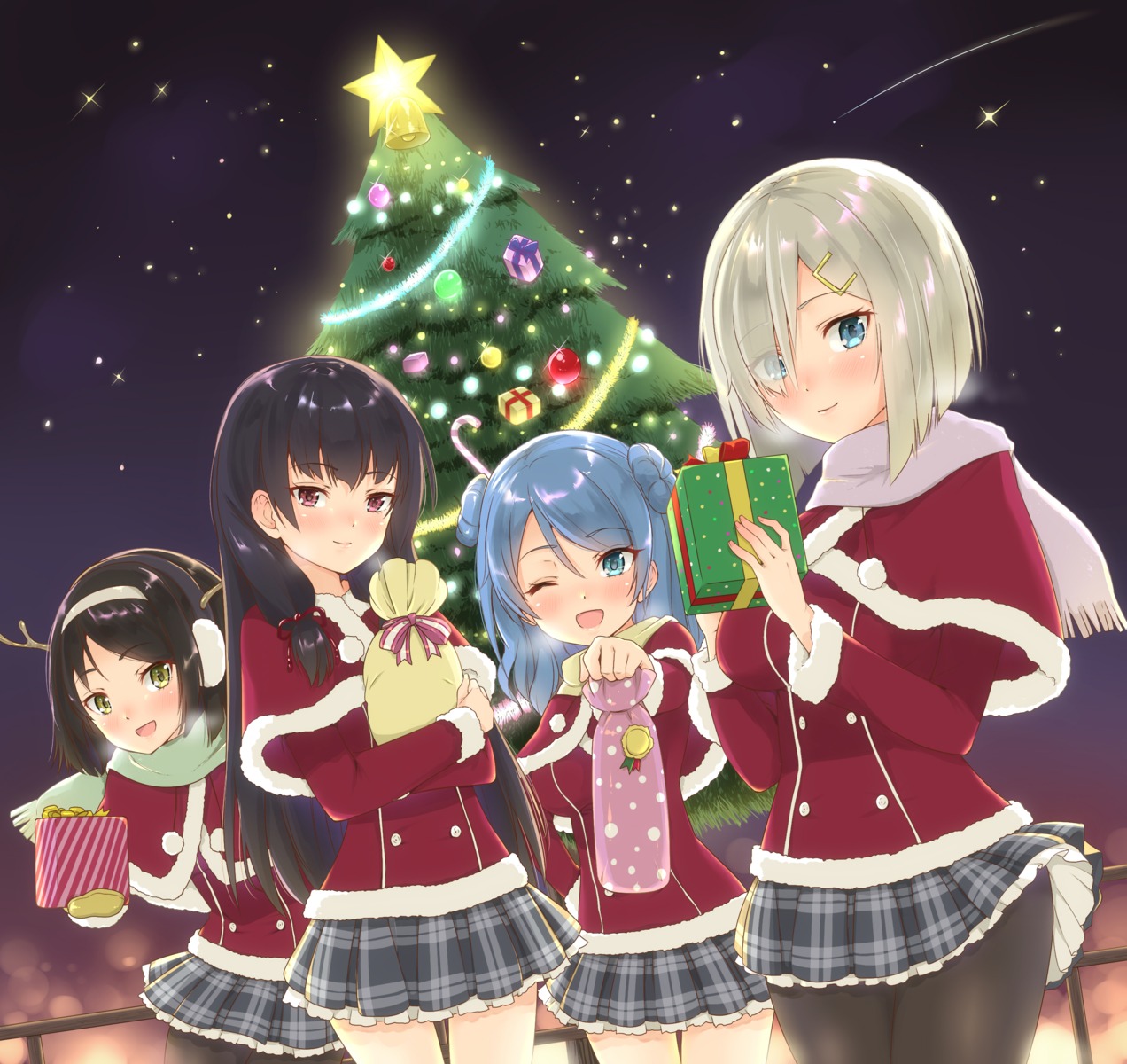 christmas hamakaze_(kancolle) horns isokaze_(kancolle) kantai_collection pantyhose urakaze_(kancolle)