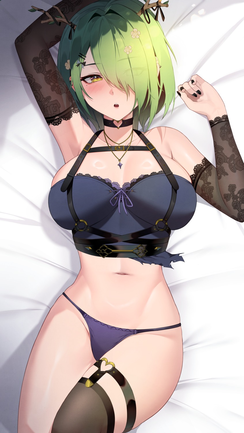 ceres_fauna garter hololive hololive_english horns lessthanone no_bra pantsu stockings thighhighs torn_clothes