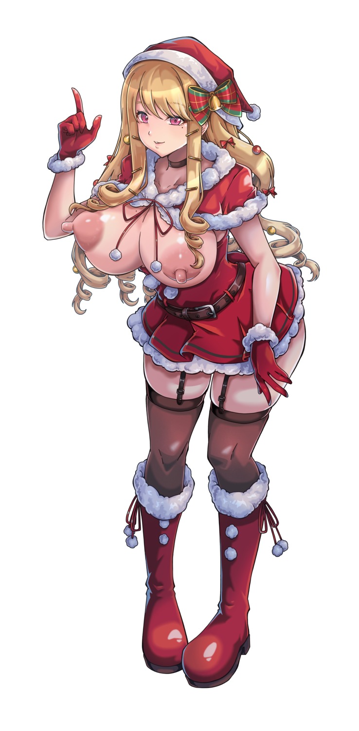 christmas dress nipples no_bra open_shirt stockings tagme thighhighs