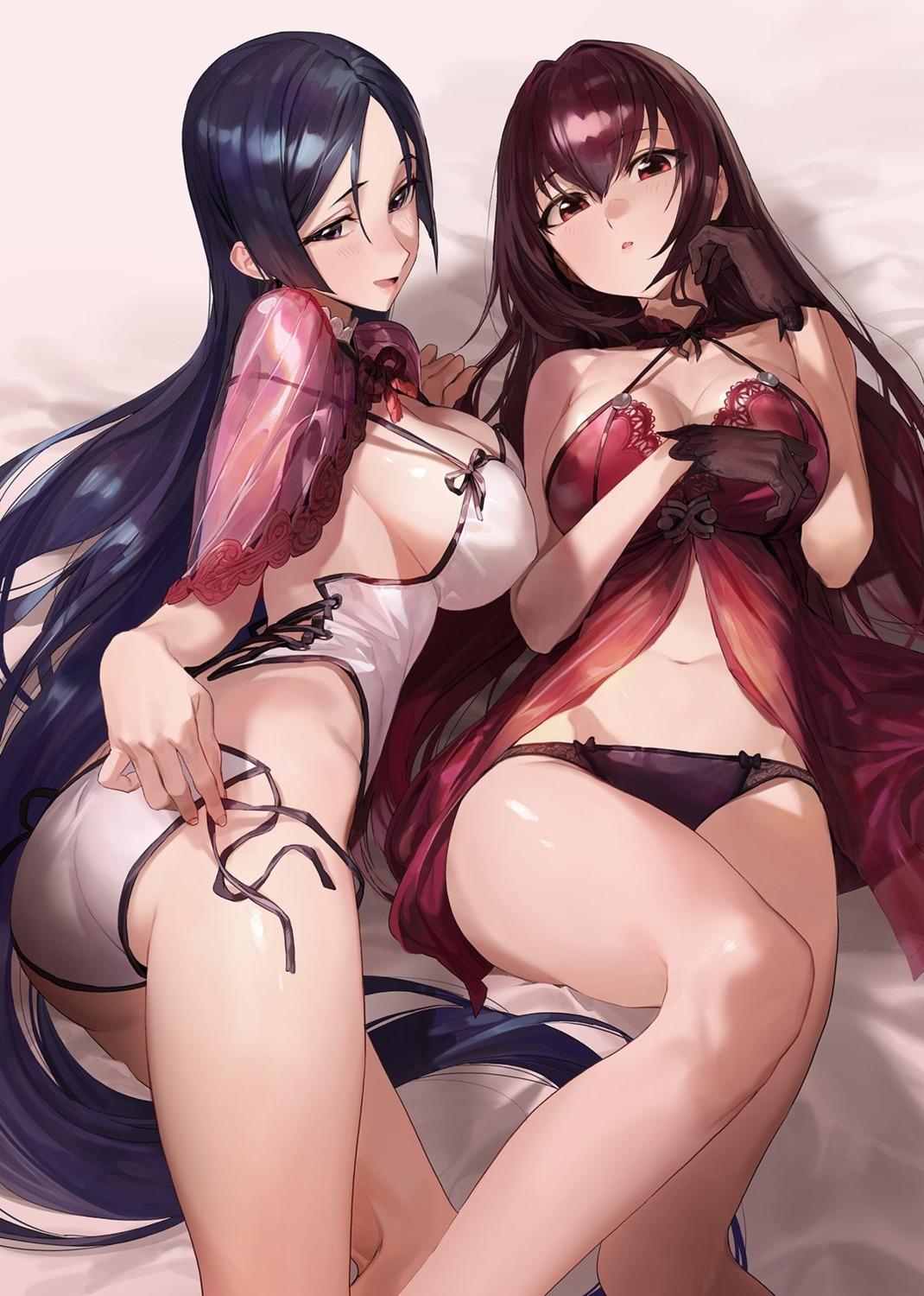 ass breast_hold cleavage fate/grand_order jeong_juno lingerie minamoto_no_raikou_(fate/grand_order) pantsu scathach_(fate/grand_order) see_through skirt_lift string_panties undressing wardrobe_malfunction