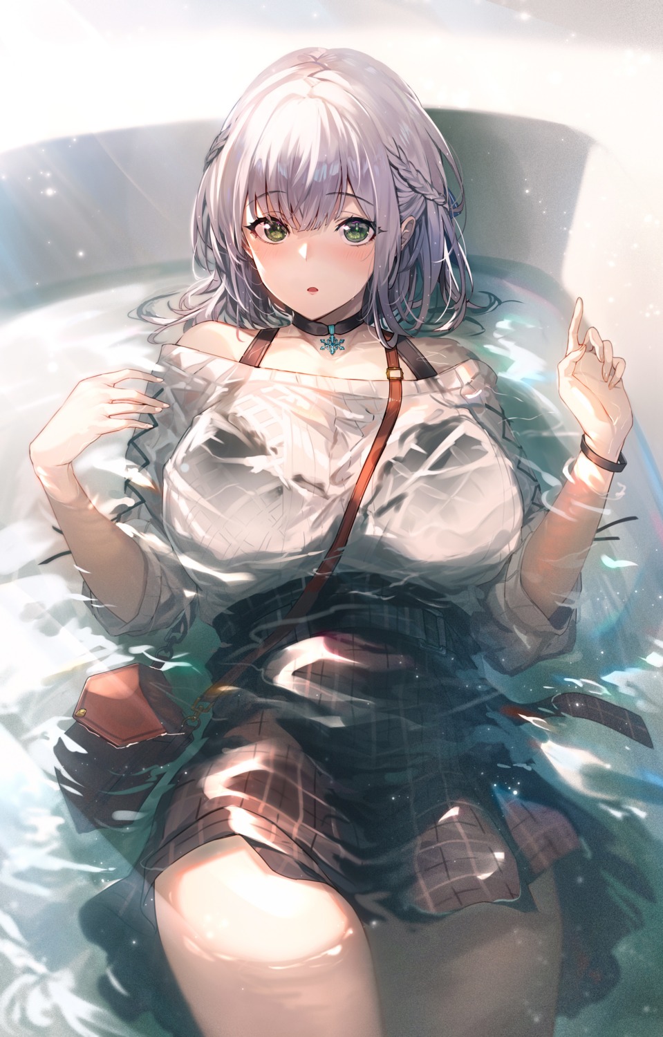 bra hololive kakage see_through shirogane_noel sweater wet wet_clothes