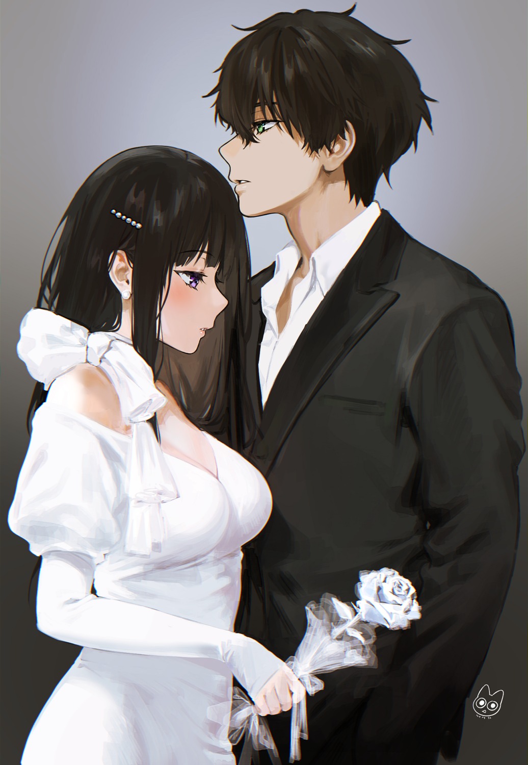 business_suit chitanda_eru cleavage dress hyouka mery_(yangmalgage) oreki_houtarou