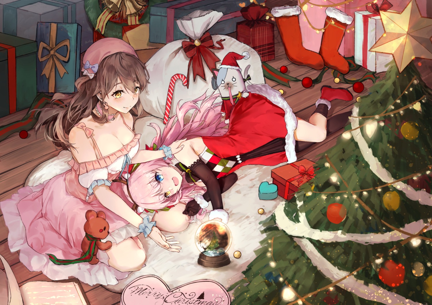 animal_ears bk201 christmas cleavage dress eksistere_kyrenia girl_cafe_gun girl_cafe_gun_ii heterochromia horns su_xiaozhen yuri