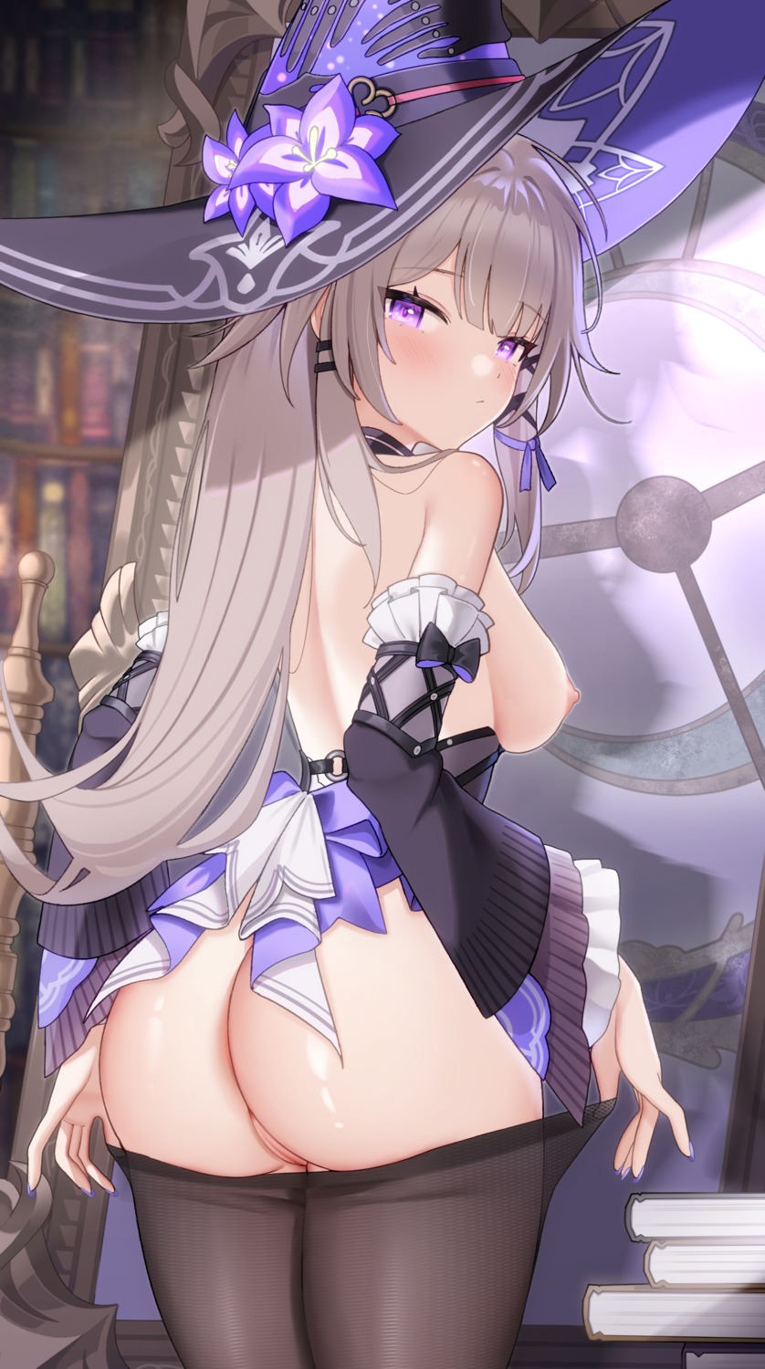 ass breasts censored herta honkai:_star_rail jinmuxi_(user_pvha4443) nipples no_bra nopan pantyhose pussy undressing witch