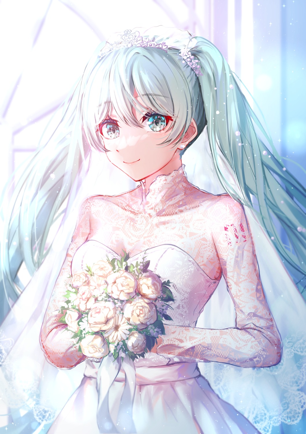 dress hatsune_miku no_bra see_through tattoo vocaloid wedding_dress yuzuha_wasa