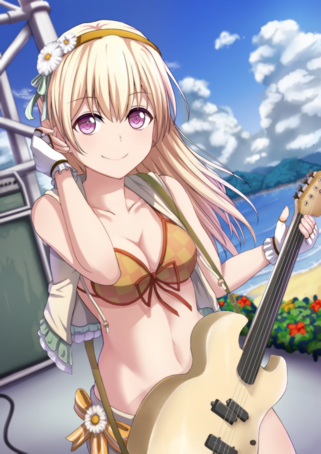 bang_dream! bikini cleavage guitar narafume open_shirt shirasagi_chisato swimsuits
