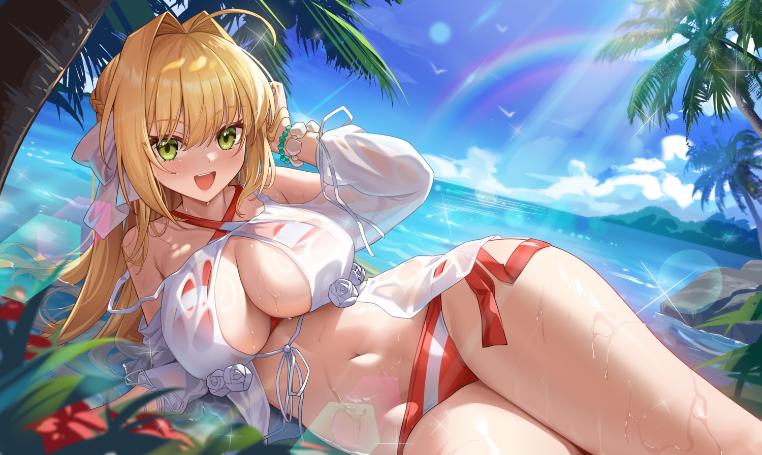 artist_revision bikini fate/grand_order saber_extra see_through shenqi_xiao_hong_zai_nali swimsuits wet wet_clothes