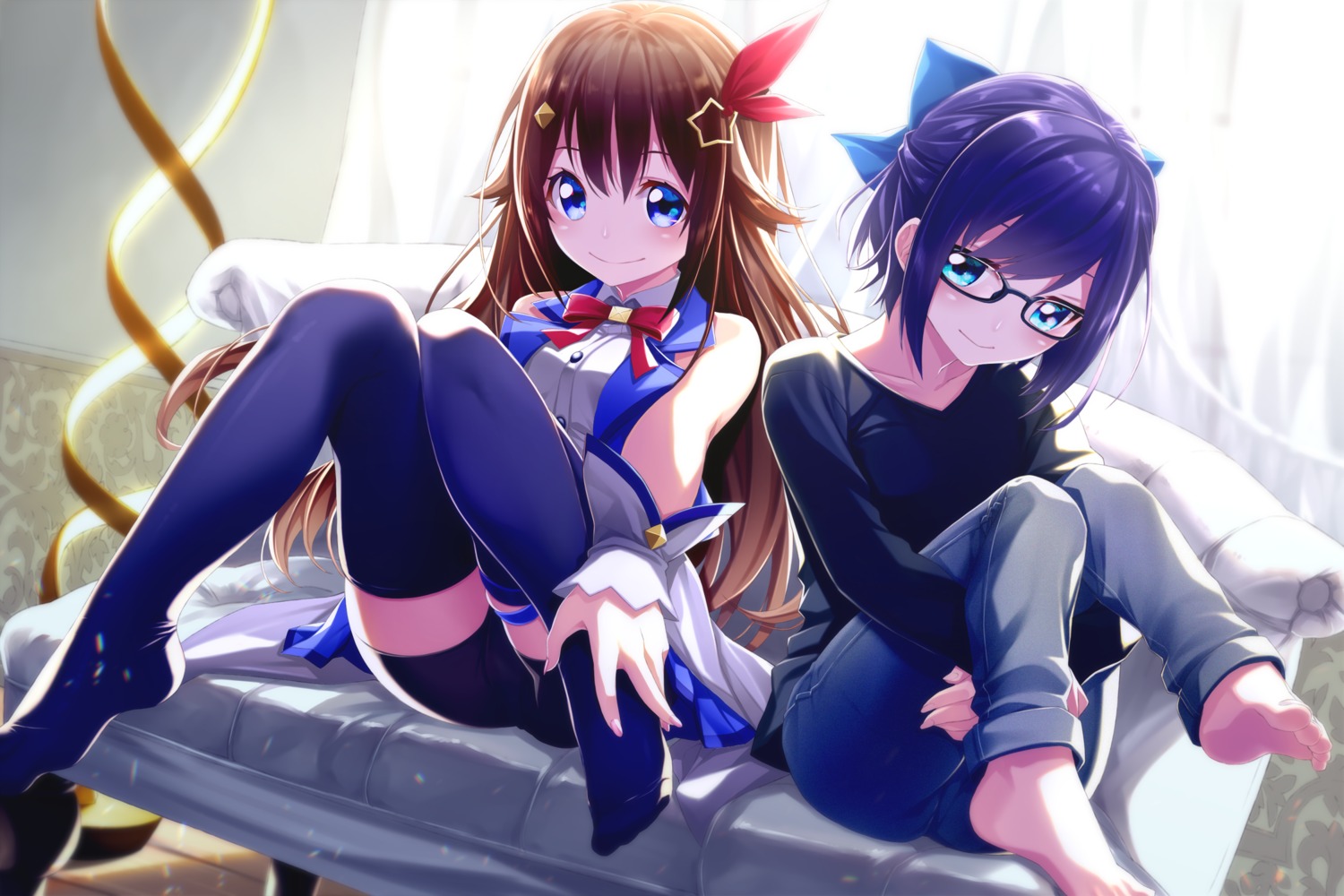 bike_shorts feet fenrir_(fenlil0316) hololive megane skirt_lift thighhighs tokino_sora yuujin_a_(hololive)