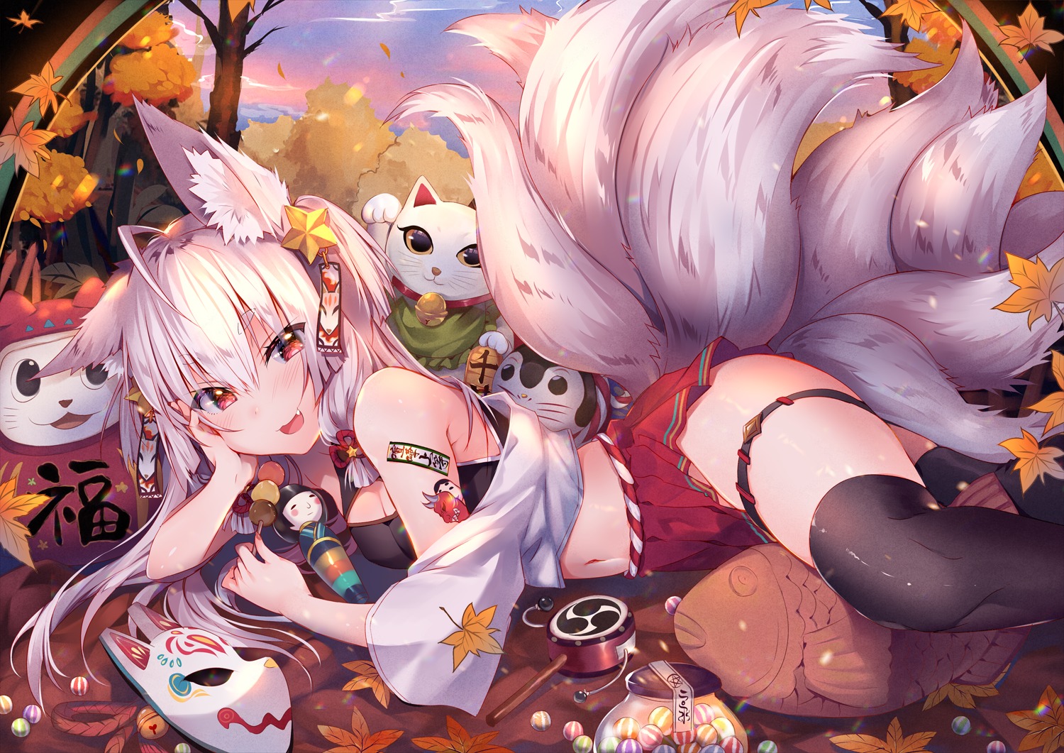 animal_ears garter japanese_clothes kitsune tail tattoo thighhighs usagihime