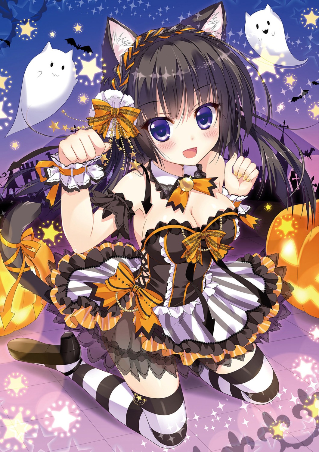 ameto_yuki animal_ears anzu_cocoa cleavage halloween heels lolita_fashion nekomimi see_through tail thighhighs