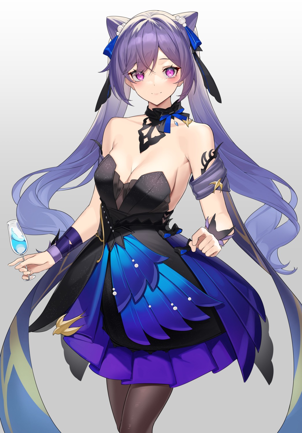 dress genshin_impact keqing no_bra pantyhose yamanokami_eaka