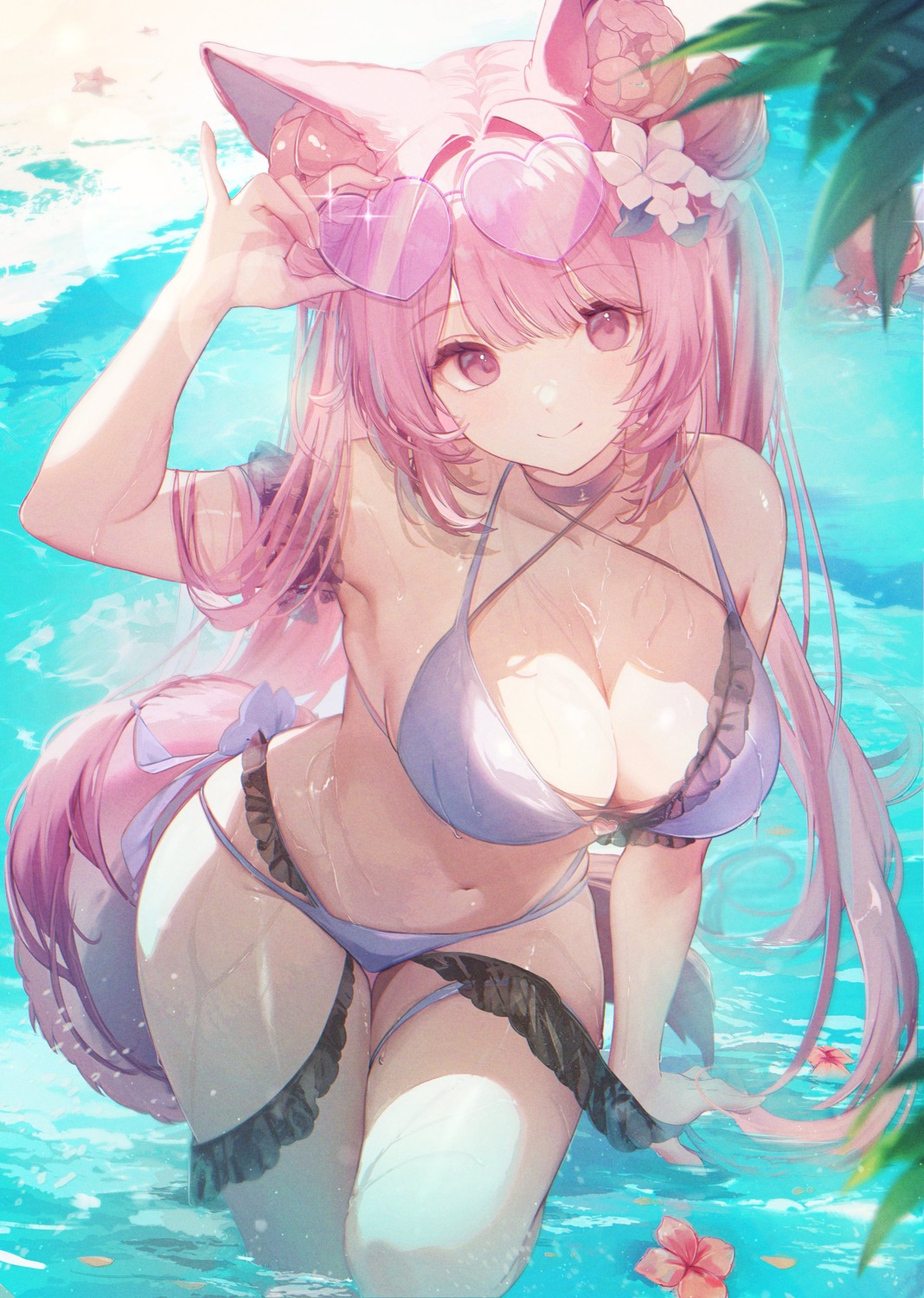 animal_ears bikini garter indie_virtual_youtuber inksie_(vtuber) kagefumi megane see_through swimsuits tail wet wet_clothes