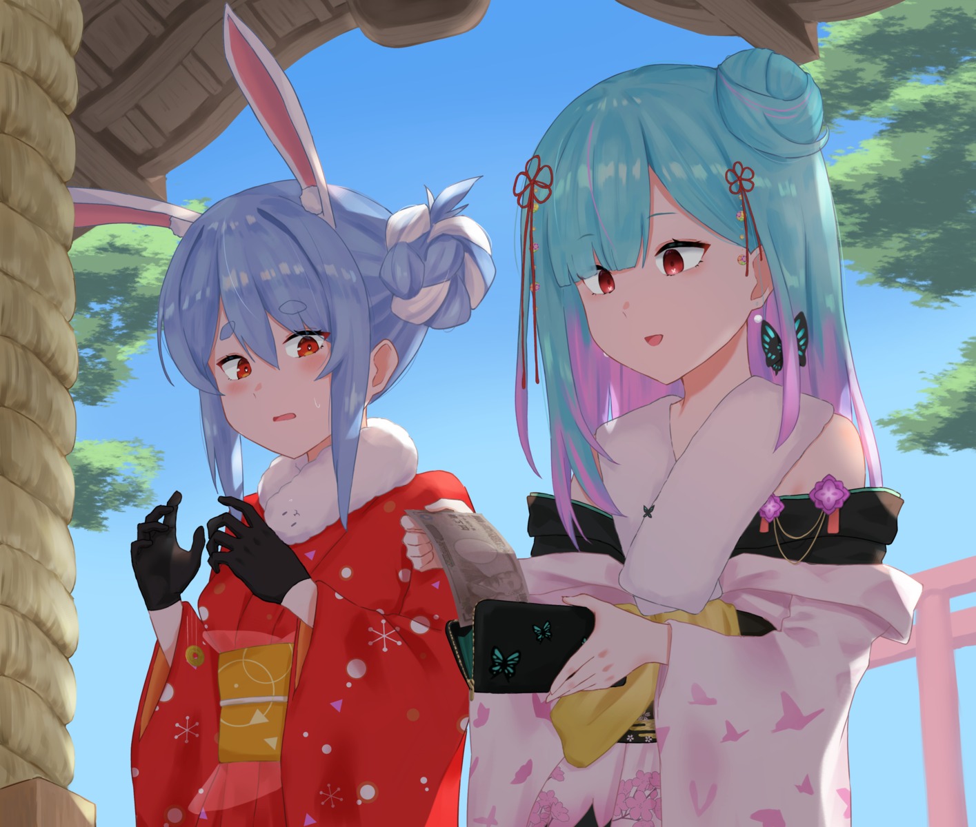 6mint animal_ears bunny_ears hololive kimono uruha_rushia usada_pekora