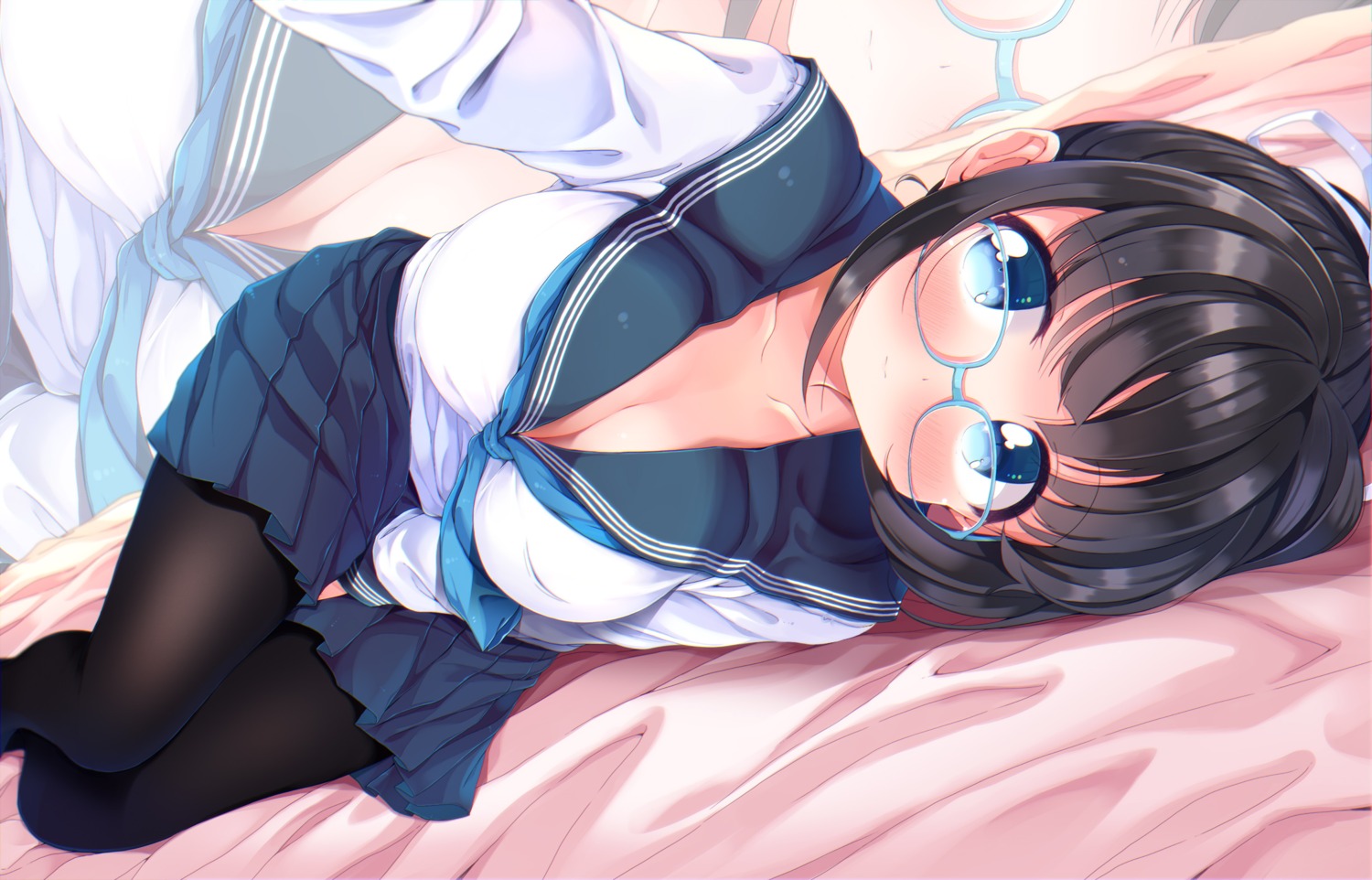 cleavage megane no_bra seifuku takahero