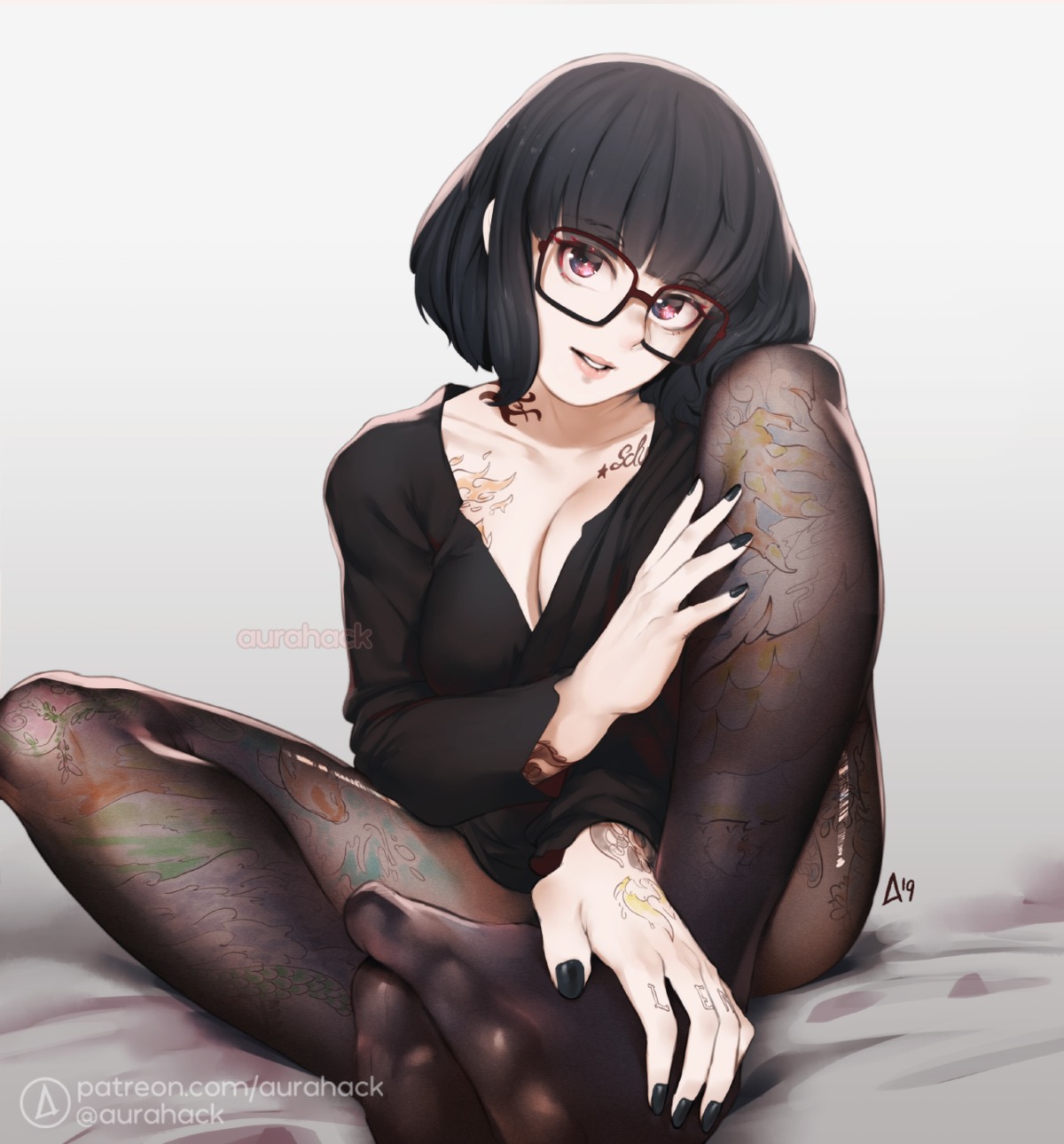 aurahack cleavage feet megane open_shirt pantyhose tattoo