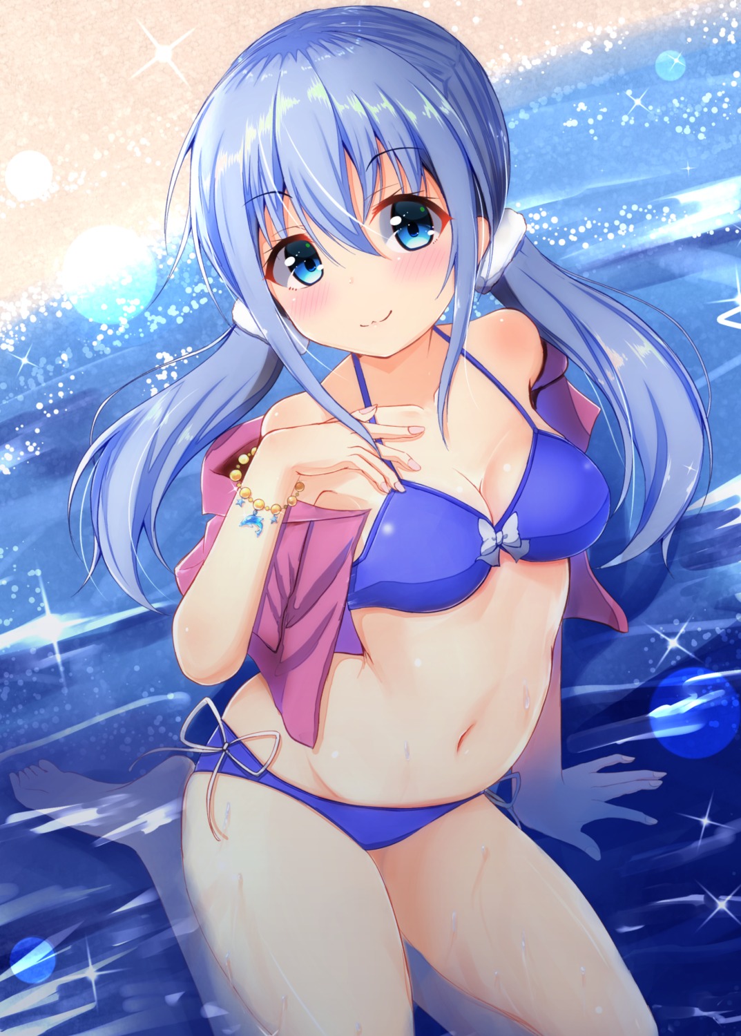 bikini cleavage nijisanji open_shirt swimsuits wet ymd_(holudoun) yuuki_chihiro