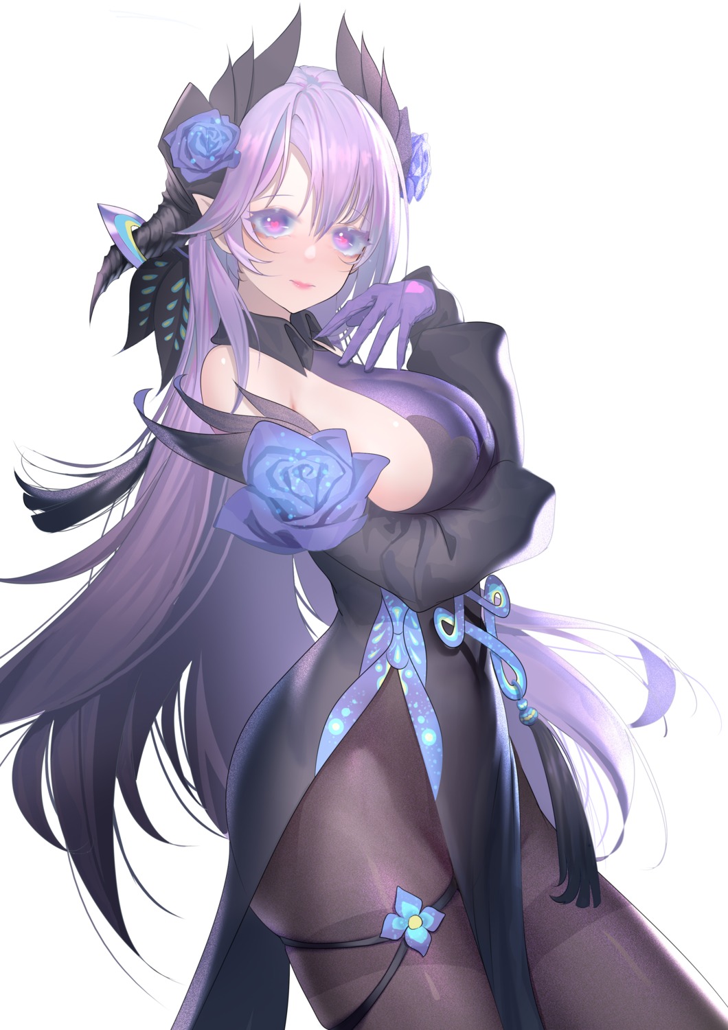 chinadress garter horns no_bra pantyhose pointy_ears tagme