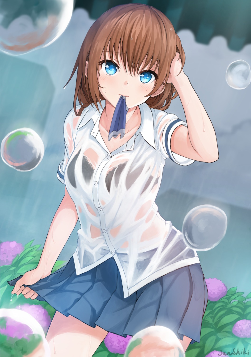 bra junshiki see_through seifuku wet_clothes