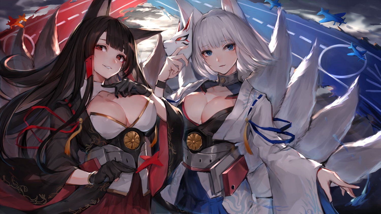 akagi_(azur_lane) animal_ears azur_lane cleavage japanese_clothes kaga_(azur_lane) kitsune oyu_(sijimisizimi) tail