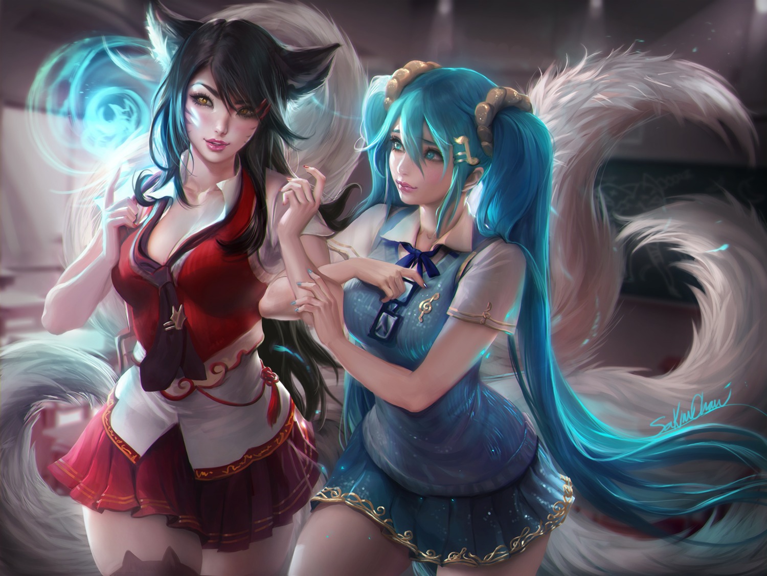ahri animal_ears cleavage league_of_legends open_shirt sakimichan seifuku sona_buvelle tail thighhighs